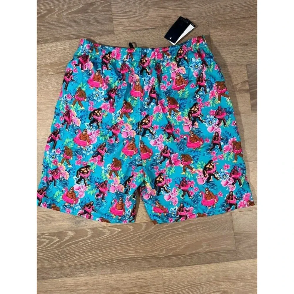 Tropical Bigfoot Flamingo Swim Trunks Men's XL Blue Mesh Lined Shorts